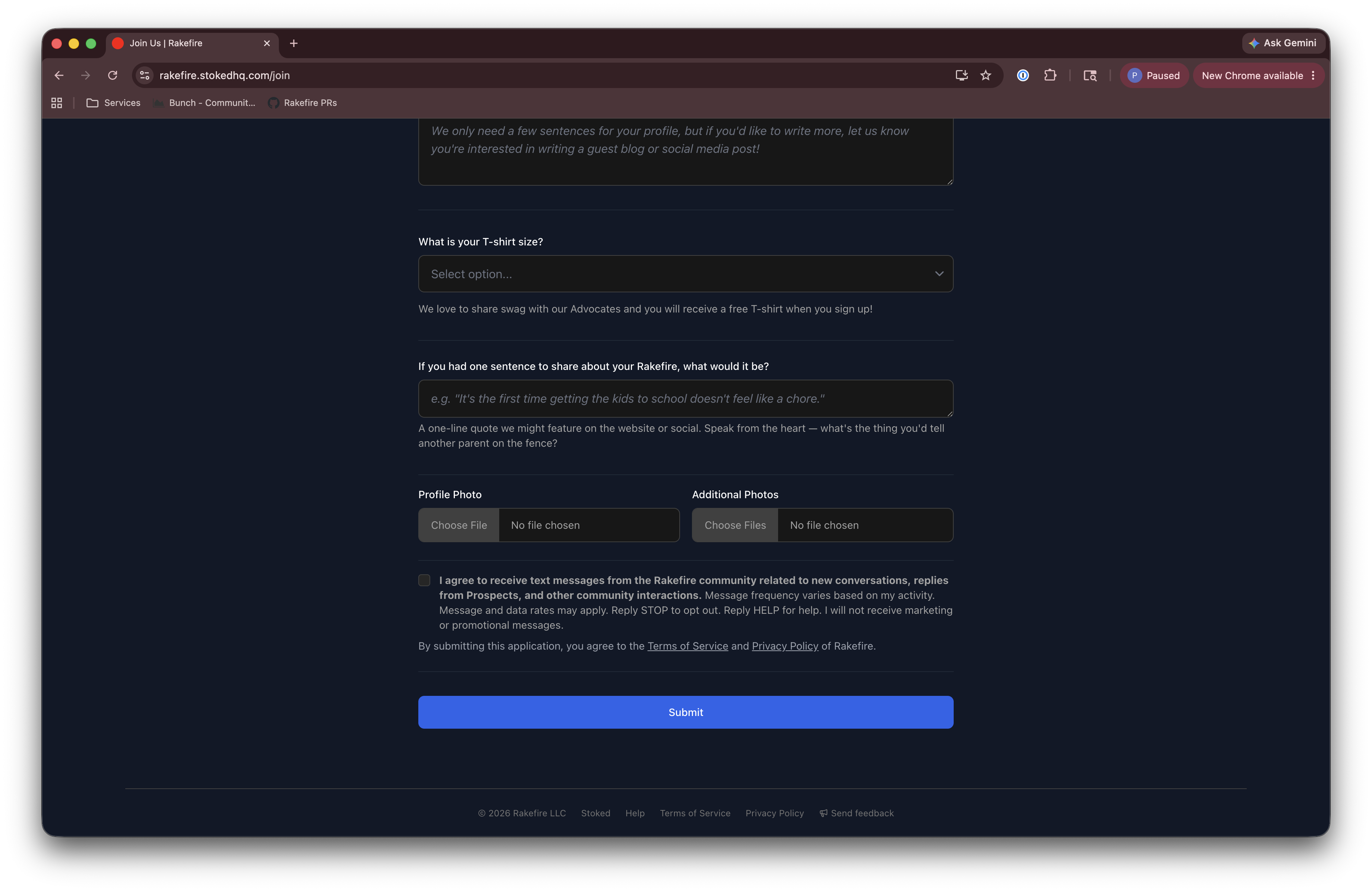Advocate application form — SMS opt-in checkbox and submit button