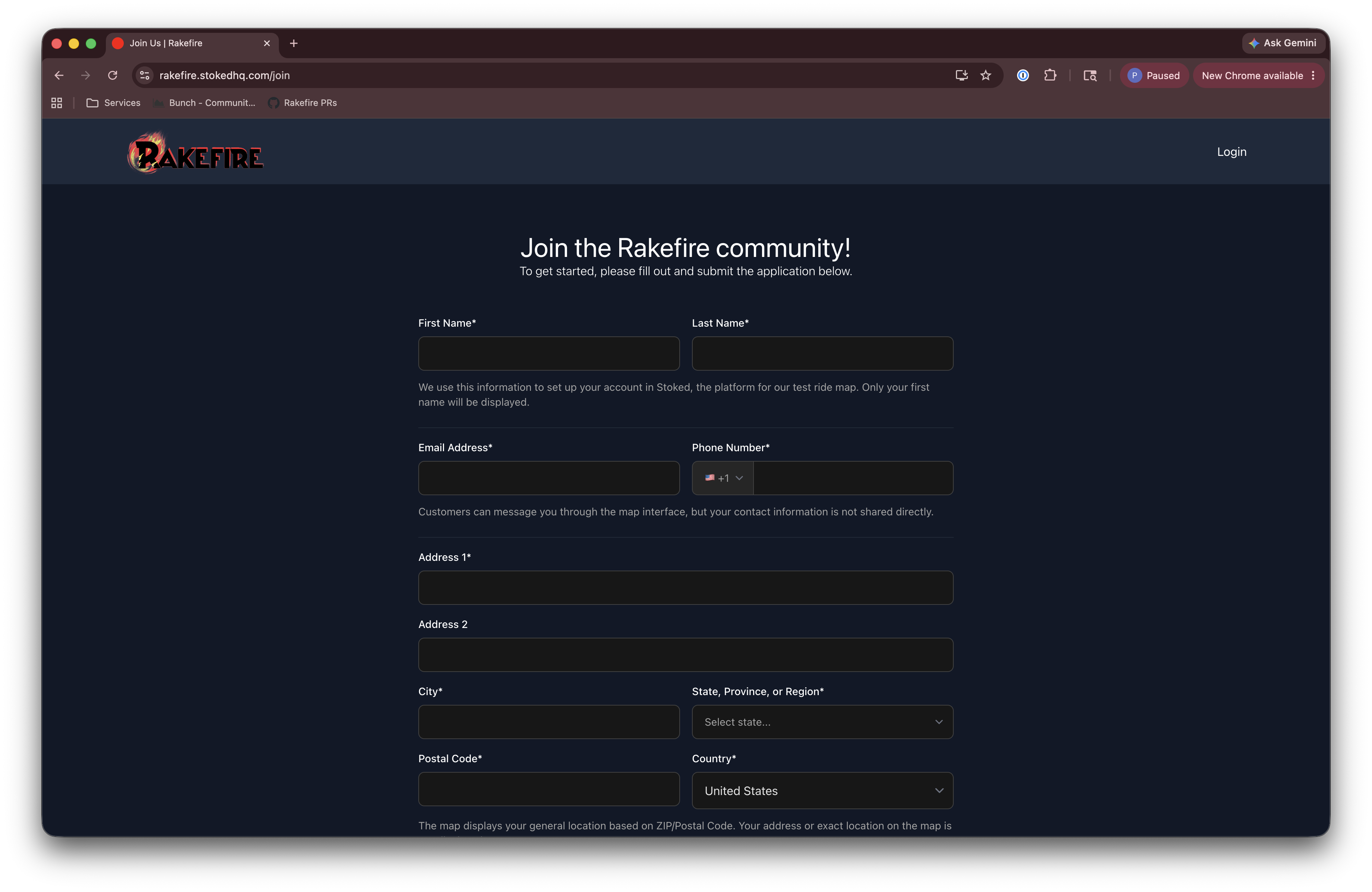Advocate application form — contact and profile fields