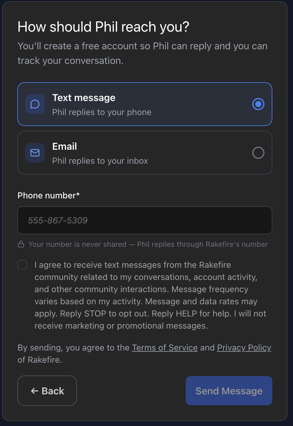 Step 2 — Prospect channel selection with explicit SMS opt-in checkbox